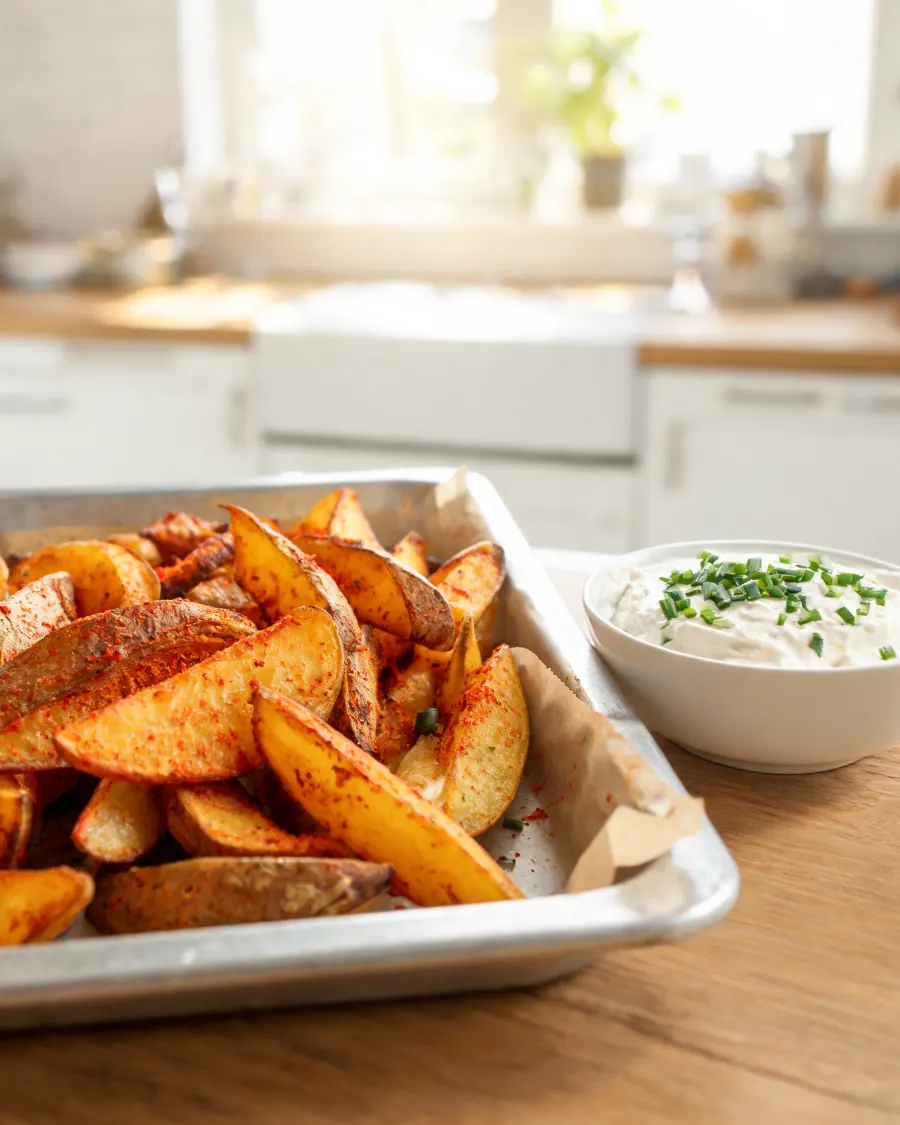 Knusprige Ofen-Kartoffelspalten mit Kräuterquark (KI-generiertes Bild)