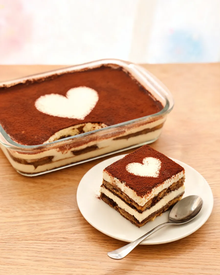 Tiramisu in einer Glasform, ein Stück auf dem Teller mit Kakao-Herz (KI-generiertes Bild)