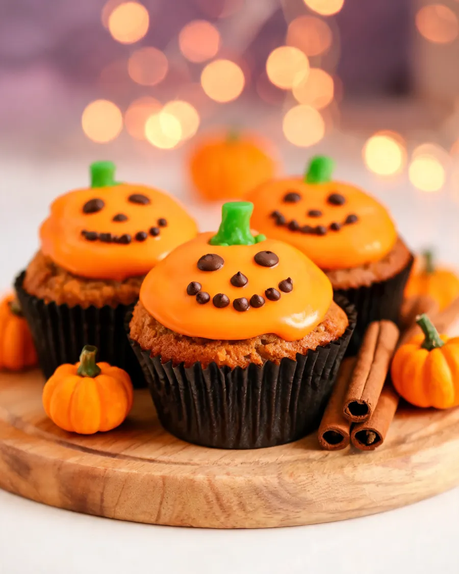 Kürbis-Muffins mit orangem Zuckerguss und Kürbisgesichtern aus Schokotropfen (KI-generiertes Bild)