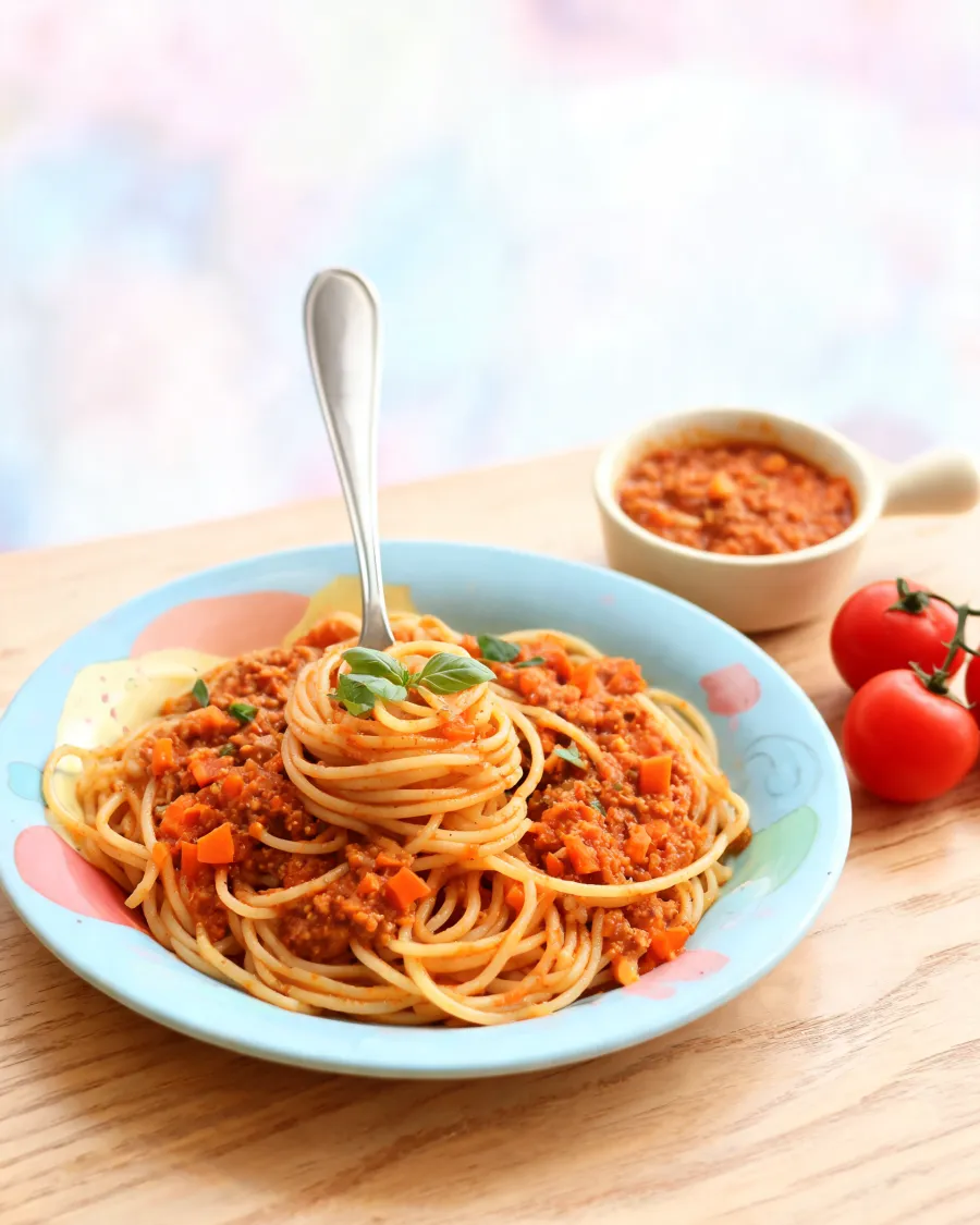 Spaghetti mit roter Linsen-Gemüse-Bolognese und Basilikum (KI-generiertes Bild)