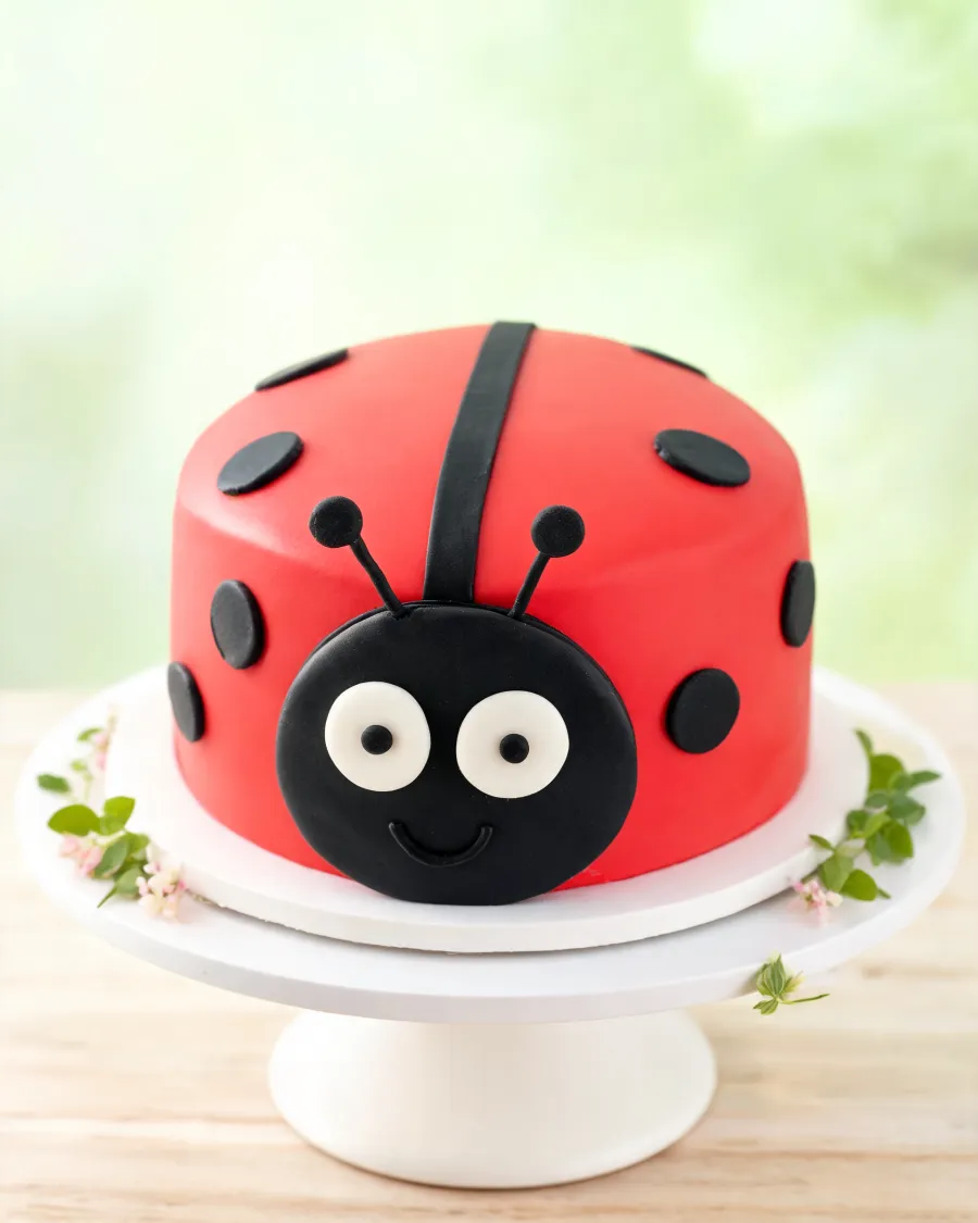 Rote Fondant-Torte als Marienkäfer mit schwarzen Punkten, Kopf mit großen Augen und Fühlern (KI-generiertes Bild)