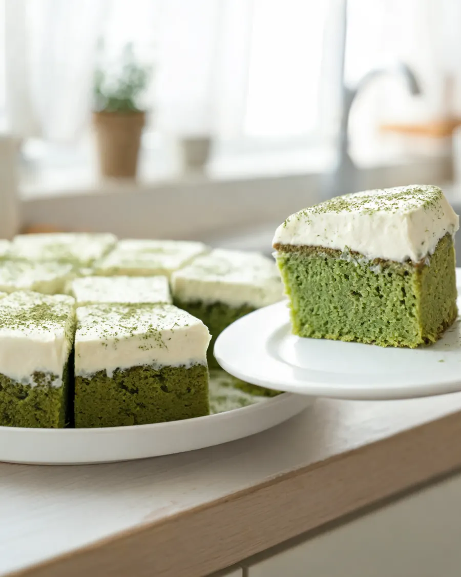 Grüner Matcha-Kuchen mit weißem Vanillefrosting und Matcha-Puder (KI-generiertes Bild)