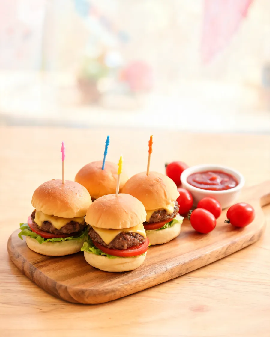 Mini-Burger mit Käse, Salat und Tomate auf einem Holzbrett (KI-generiertes Bild)