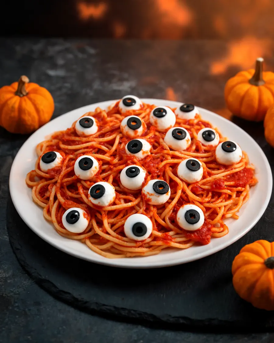 Spaghetti in Tomatensoße mit Mozzarella-Augen und Oliven-Pupillen (KI-generiertes Bild)