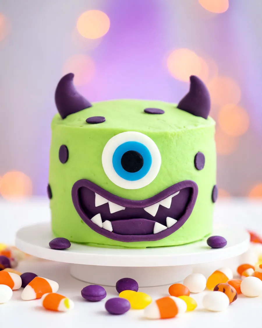 Runde Torte mit hellgrünem Fondant als einäugiges Monster mit lila Zickzack-Mund und Hörnern (KI-generiertes Bild)