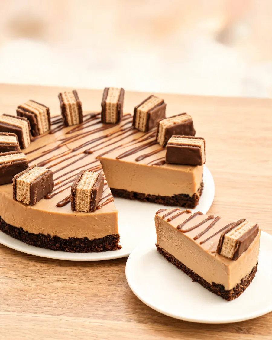 Nuss-Cheesecake mit Keksboden, Schokostreifen und aufgestellten Waffelriegel-Stücken (KI-generiertes Bild)