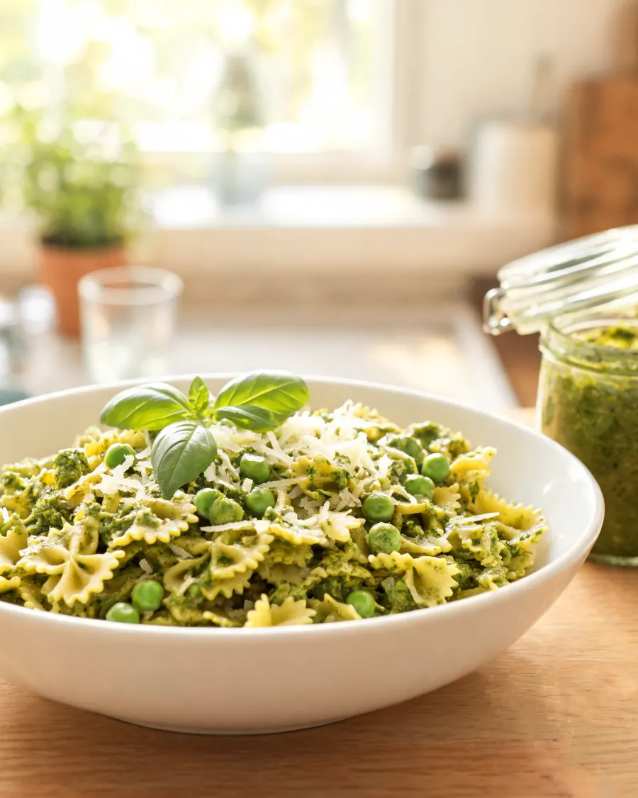 Farfalle mit grünem Basilikum-Pesto und Erbsen (KI-generiertes Bild)