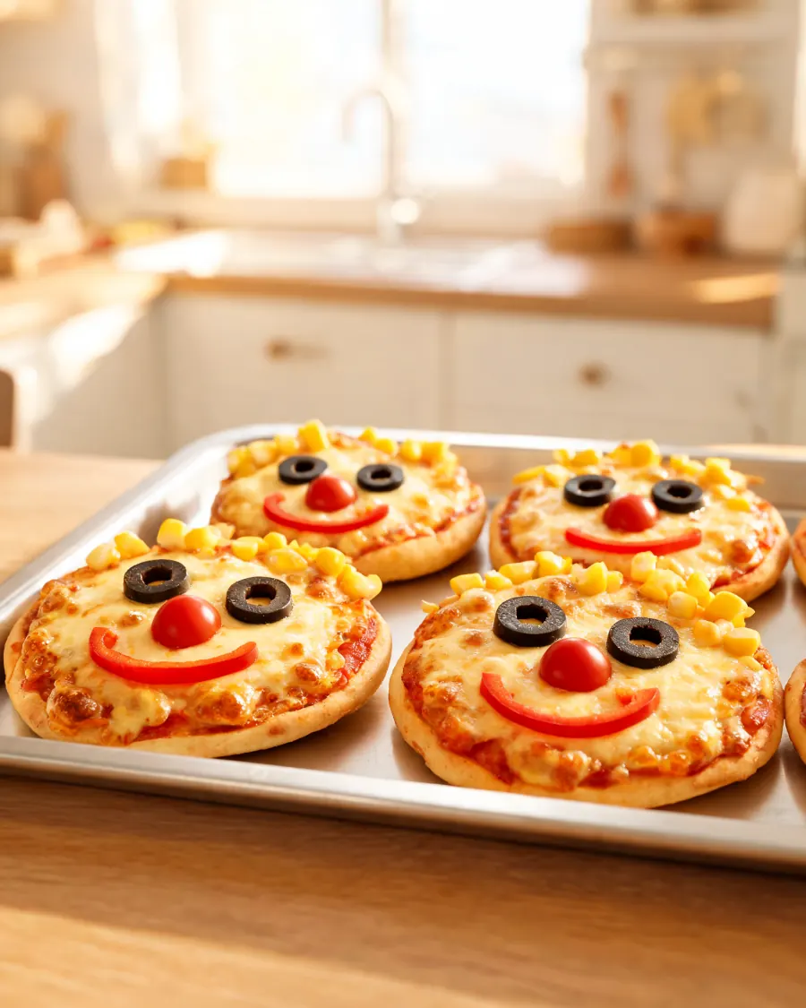 Mini-Pizzen mit lustigen Gesichtern aus Gemüse (KI-generiertes Bild)