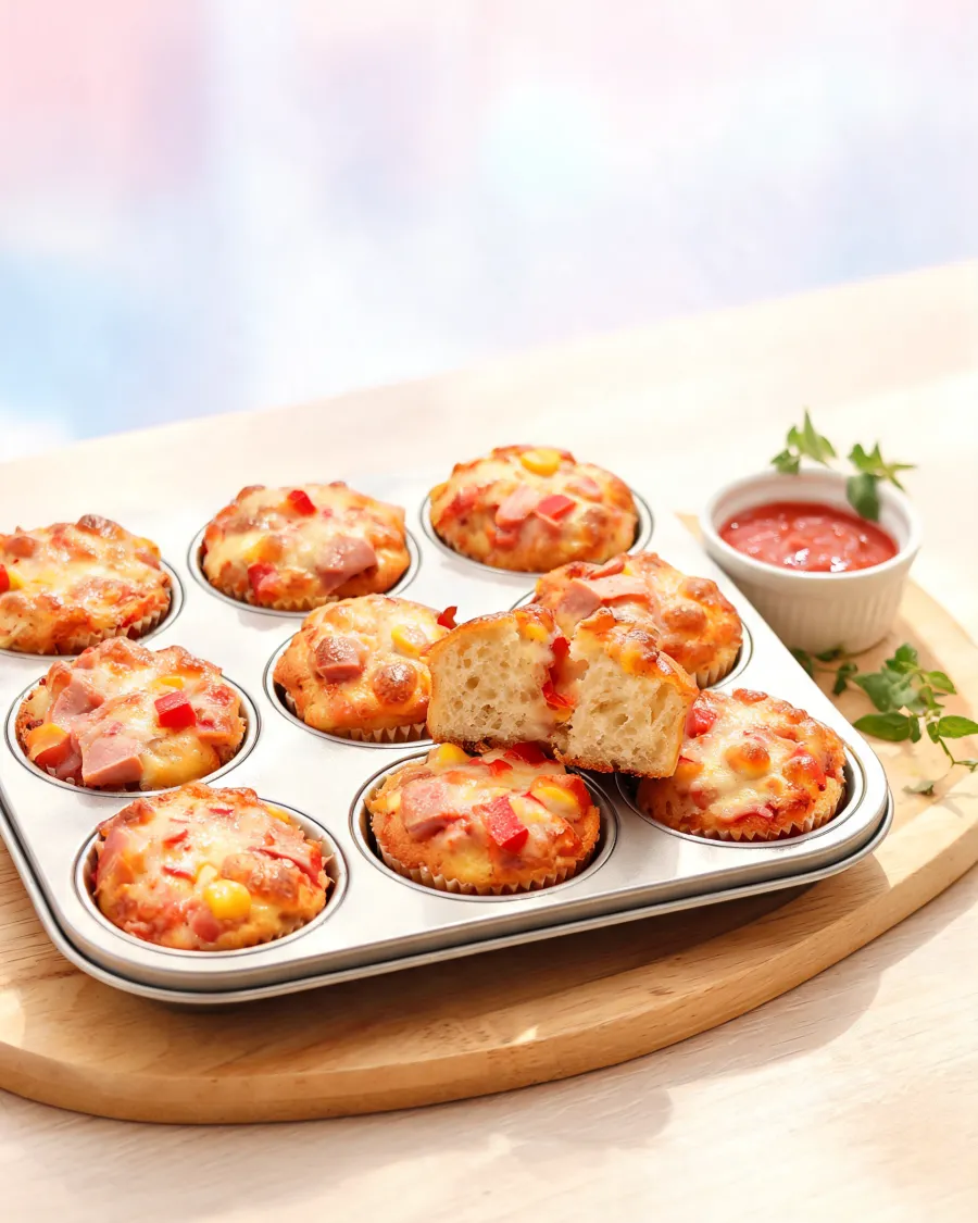 Herzhafte Pizza-Muffins mit Käse, Schinken, Paprika und Mais (KI-generiertes Bild)
