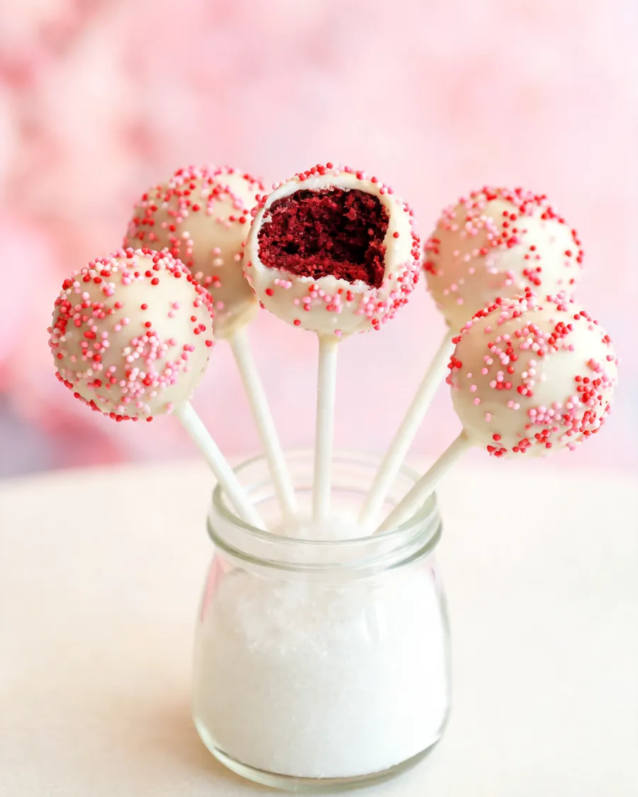 Weiße Cake Pops mit roten Streuseln, einer angebissen mit rotem Kuchen innen (KI-generiertes Bild)