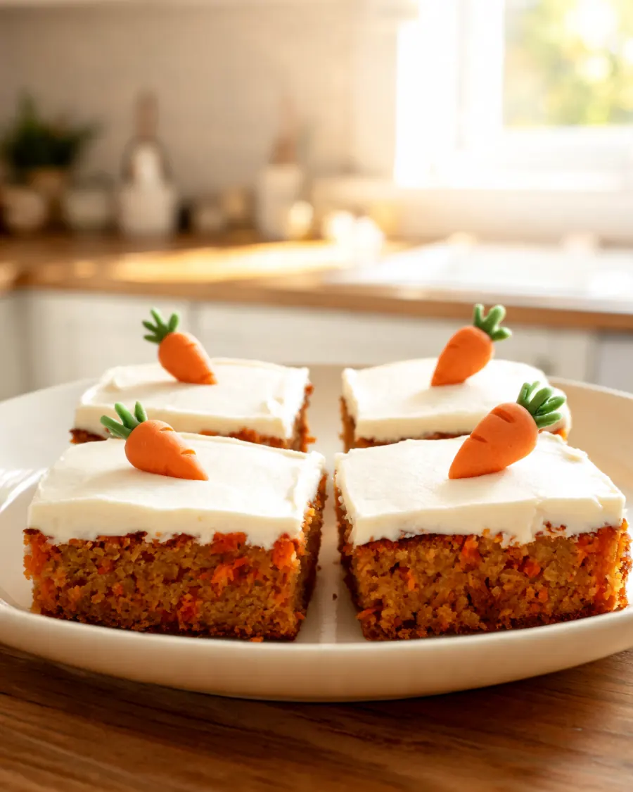 Rüblikuchen vom Blech mit Frischkäse-Creme und Marzipan-Möhrchen (KI-generiertes Bild)