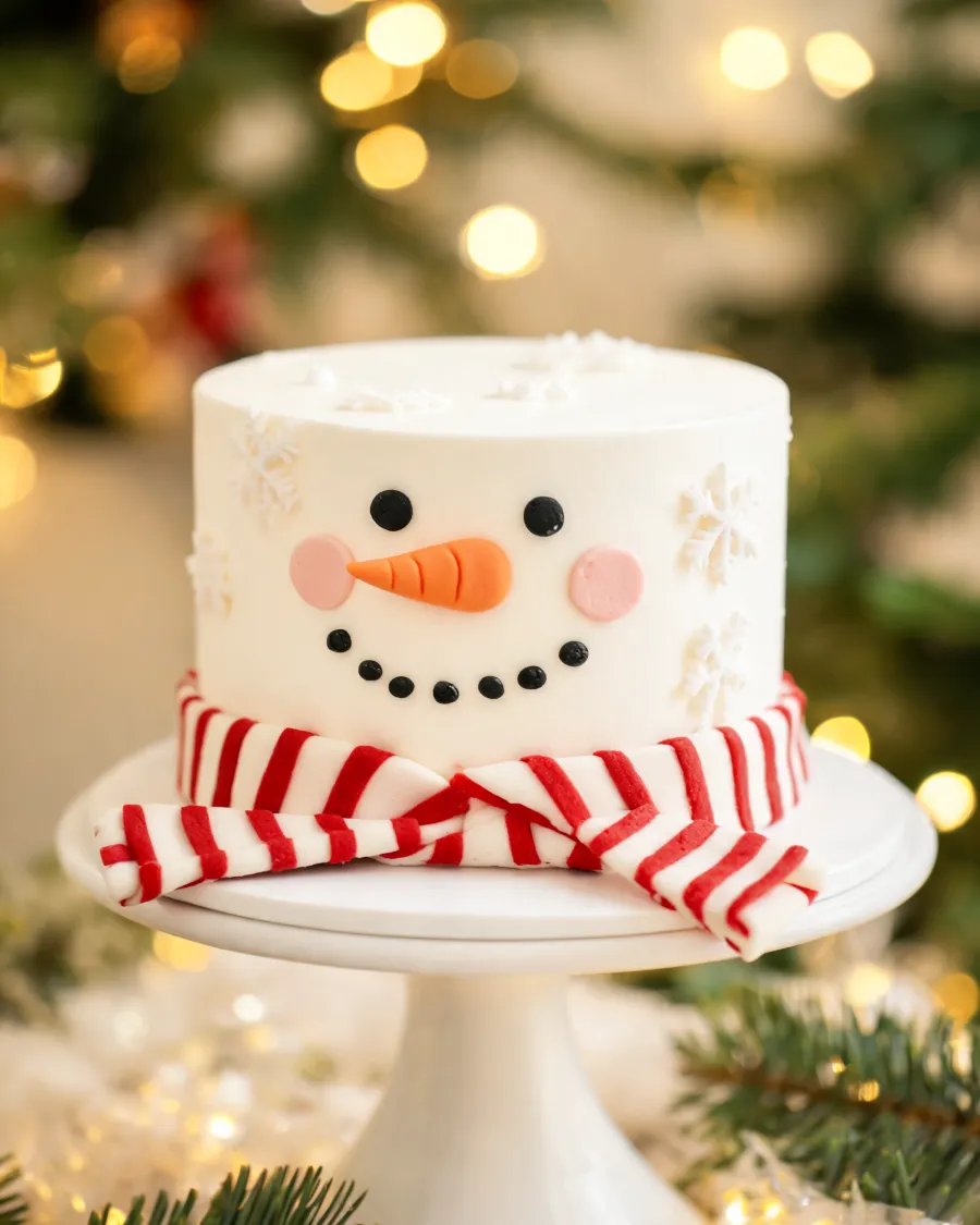 Weiße Fondant-Torte als Schneemann-Gesicht mit Karottennase und rot-weiß gestreiftem Schal (KI-generiertes Bild)