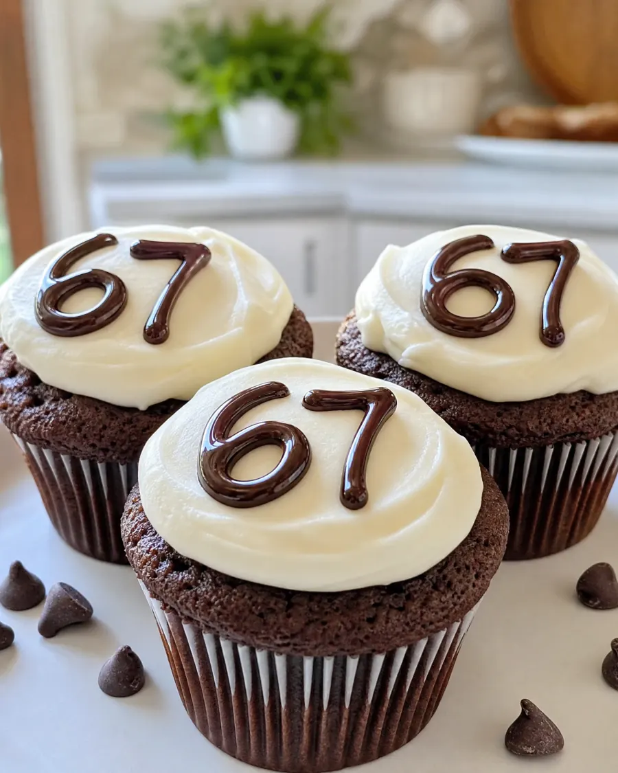 Schoko-Muffins mit weißer Creme und der Zahl 67 aus Schokolade (KI-generiertes Bild)