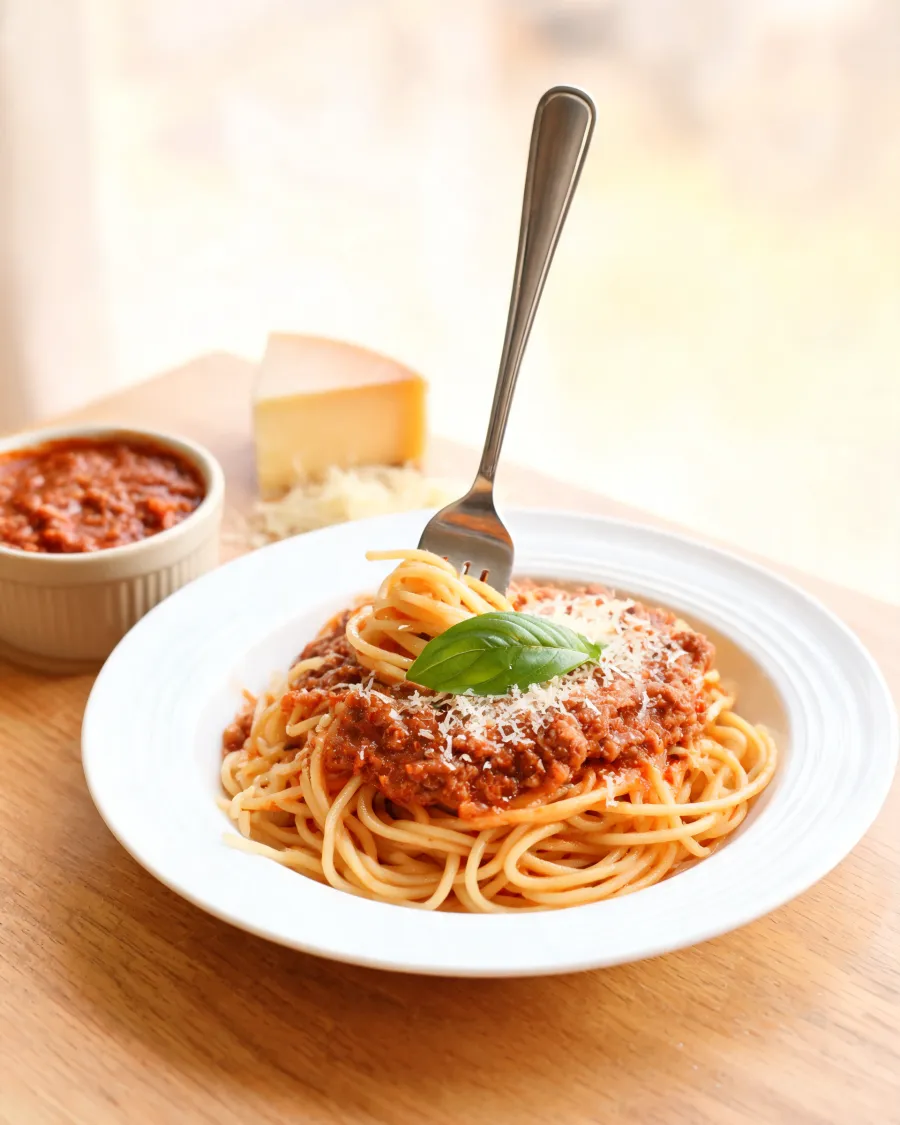 Teller Spaghetti Bolognese mit geriebenem Käse und Basilikum (KI-generiertes Bild)