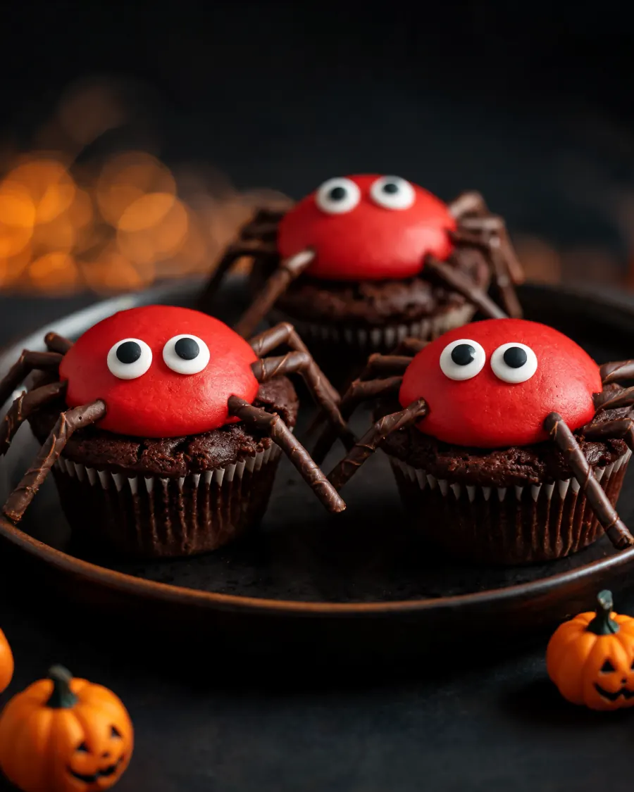 Schoko-Muffins mit rotem Frosting, Zuckeraugen und Schoko-Sticks als Spinnenbeine (KI-generiertes Bild)