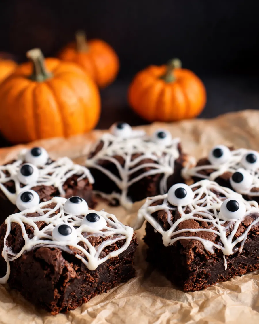 Brownies mit Spinnennetzen aus Marshmallow und Zuckeraugen (KI-generiertes Bild)