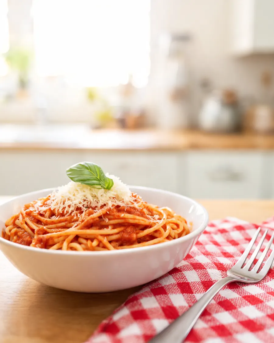 Spaghetti mit Tomatensoße und geriebenem Käse (KI-generiertes Bild)