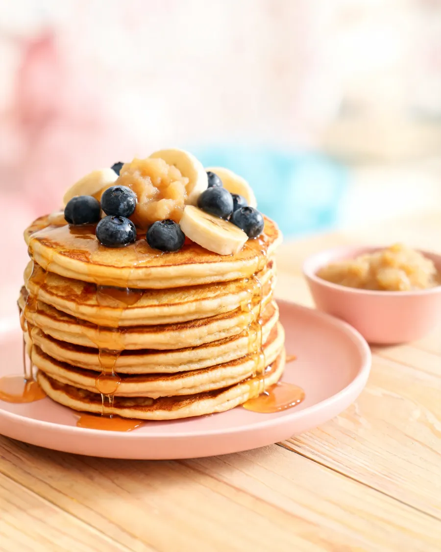 Stapel fluffiger Pancakes mit Apfelmus, Blaubeeren, Bananenscheiben und Ahornsirup (KI-generiertes Bild)