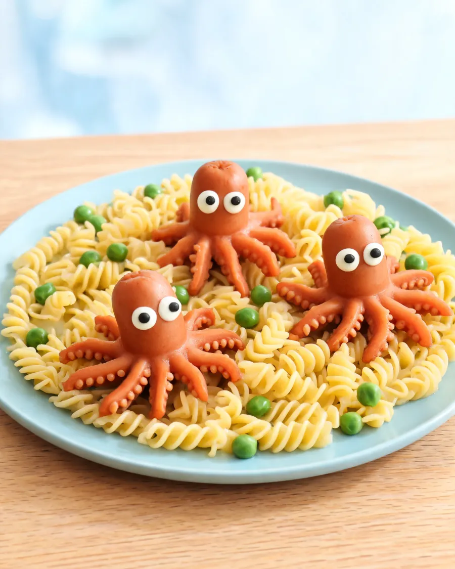 Würstchen als kleine Kraken mit Ringelbeinen auf Spiralnudeln mit Erbsen (KI-generiertes Bild)